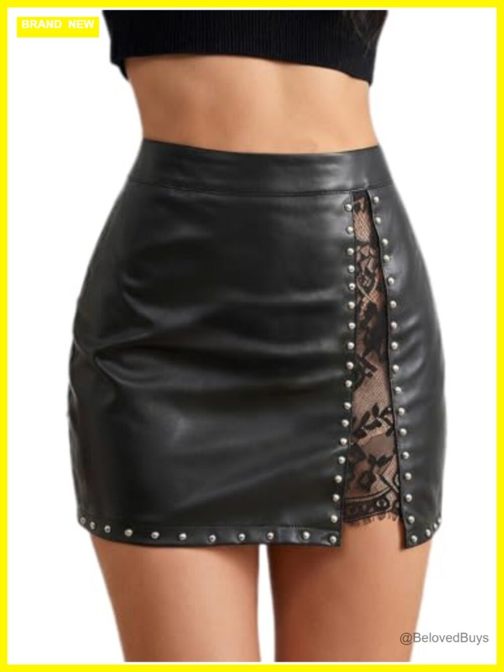 Punk Faux Leather Mini Skirt Y2k Studded Lace Side Slit Bodycon High Waist